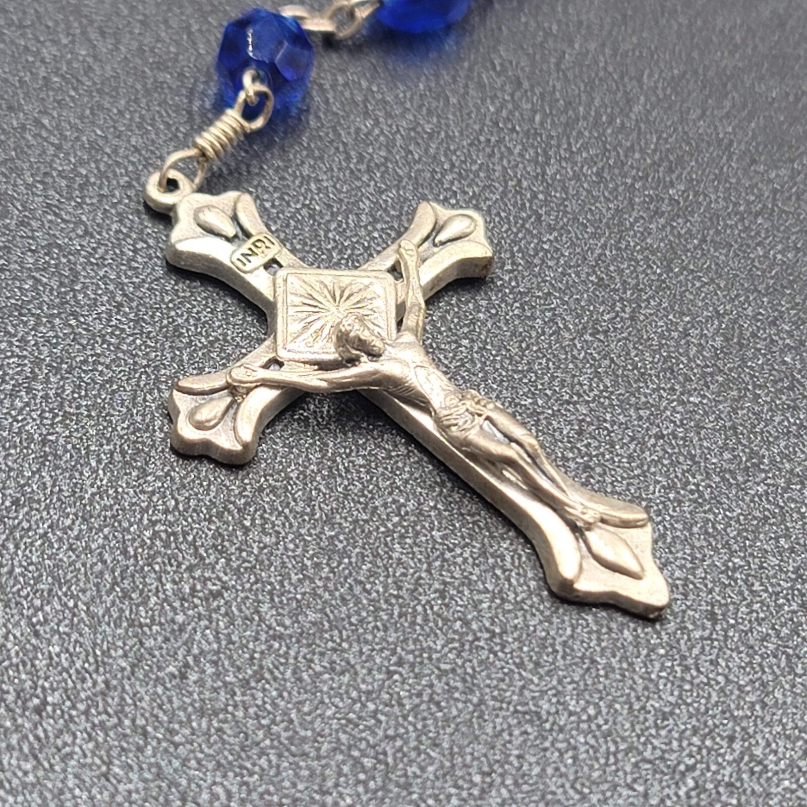 Blue Faceted Bead Catholic Rosary Crucifix Silver tone