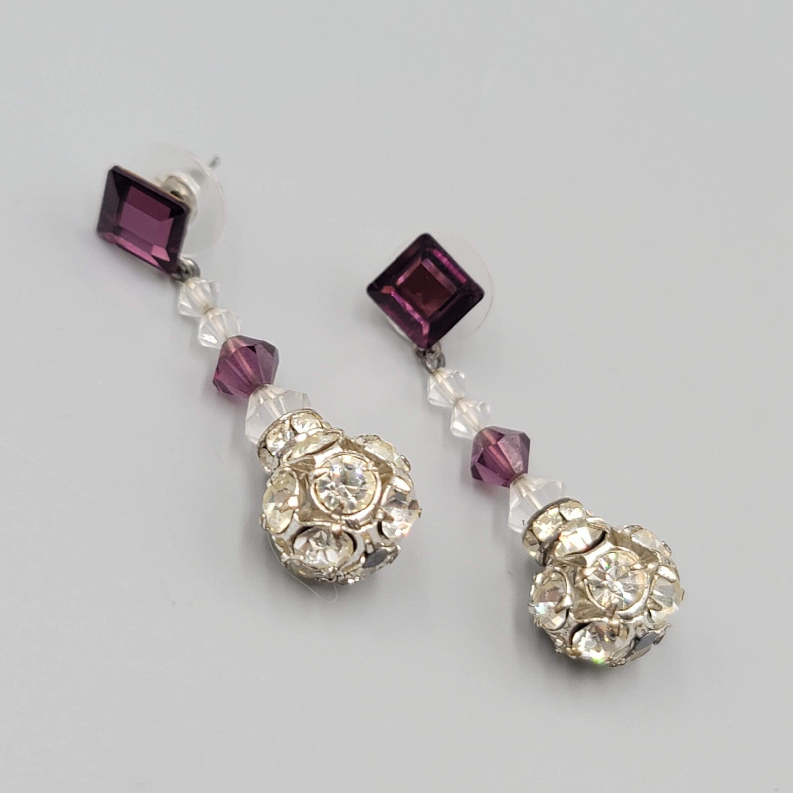 Vintage Purple Rhinestone Pierced Earrings Silver tone Bead Dangle  1.75"