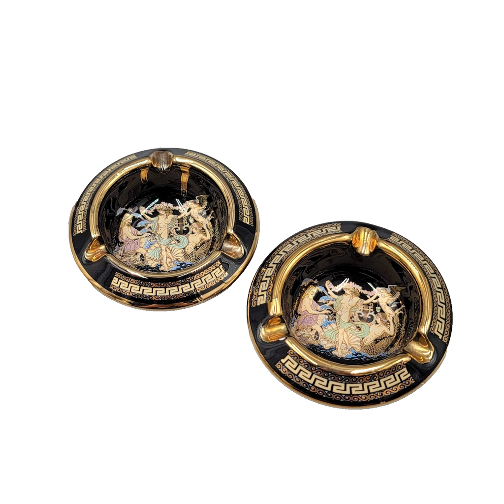Greek Key Black Ceramic Ashtray Set of 2 24K Gold Hand Made in Greece Mythology