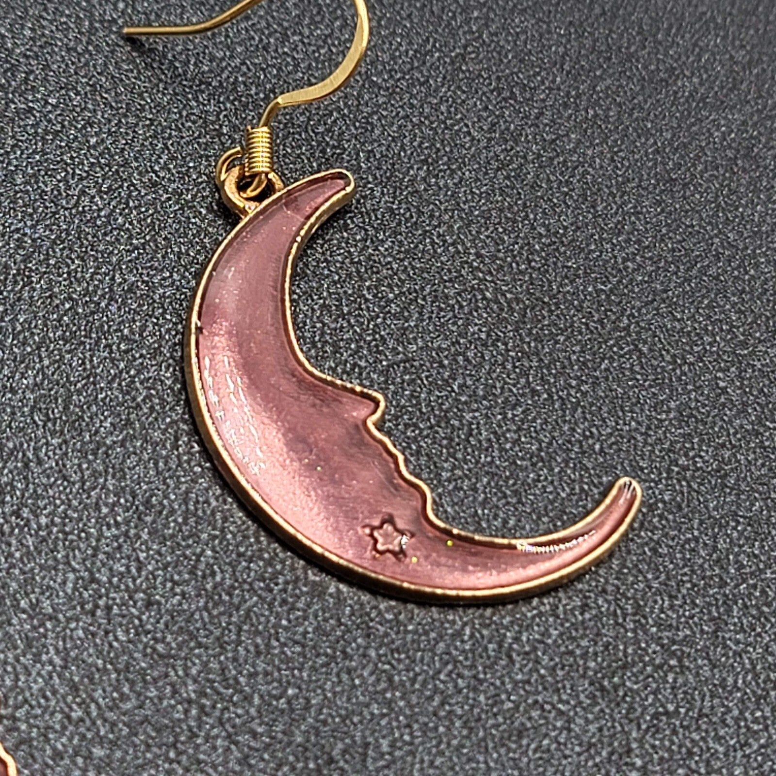 New Moon Pierced Earrings Gold tone Purple Enamel Dangle 1.25"