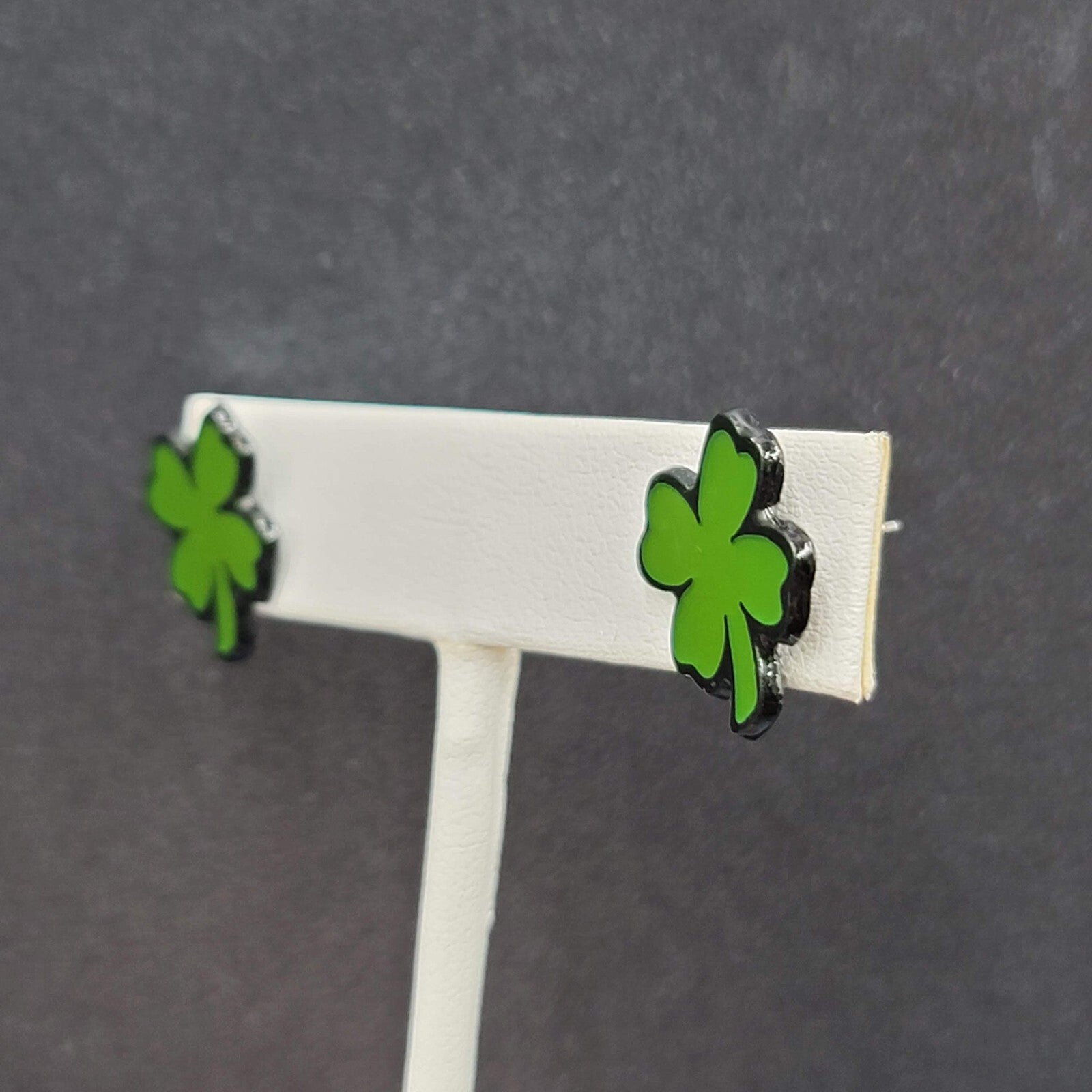 Shamrock Clover Pierced Earrings Green Black Enamel Studs 5/8"