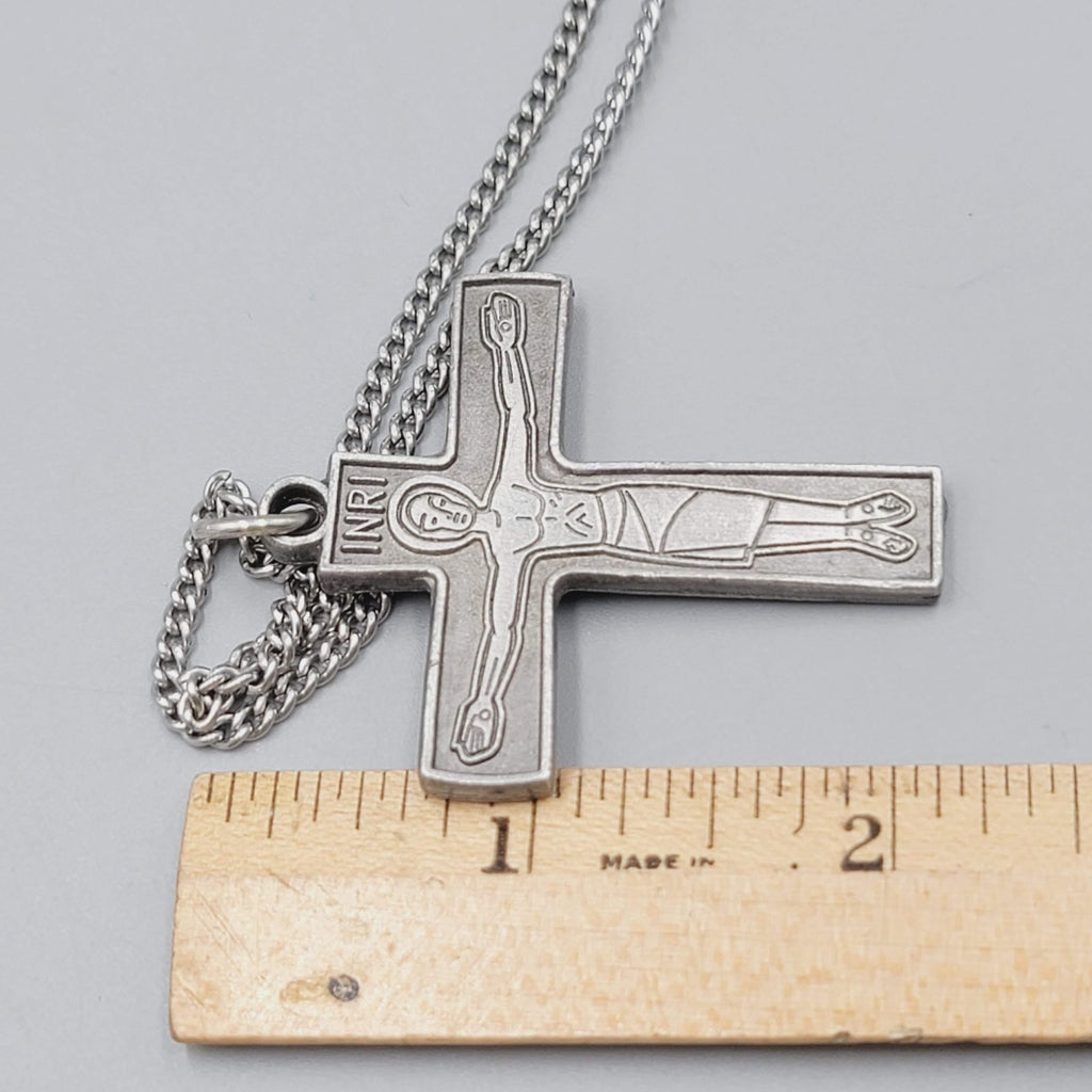 Christian Cross Necklace 30" Silver Tone Jesus Crucifix INRI Pendant Chain 30"