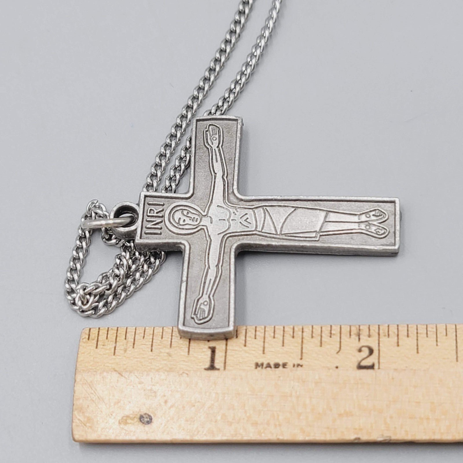 Christian Cross Necklace 30" Silver Tone Jesus Crucifix INRI Pendant Chain 30"