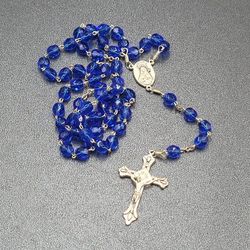Blue Faceted Bead Catholic Rosary Crucifix Silver tone