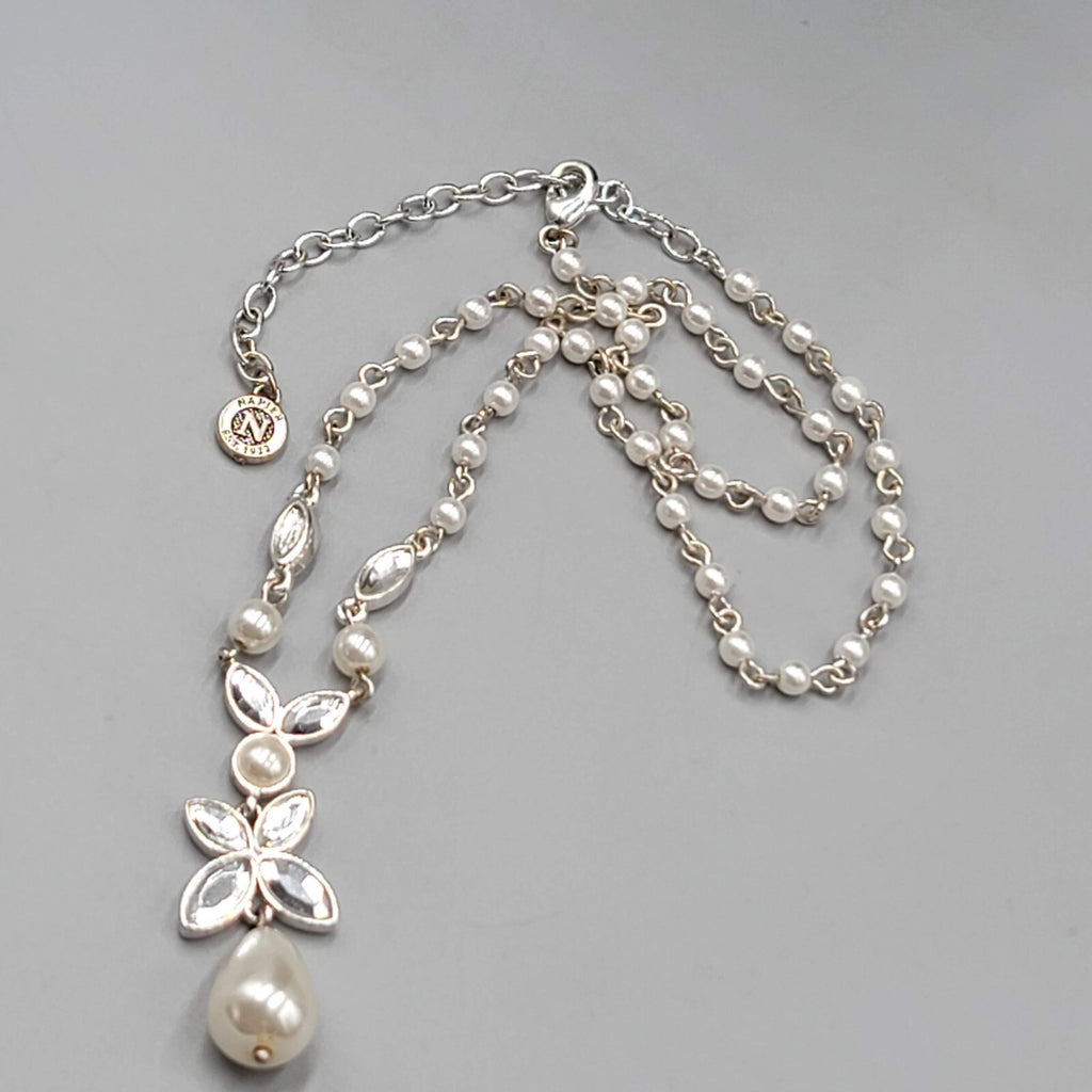 Napier Y Drop Necklace White Bead Silver tone 18"
