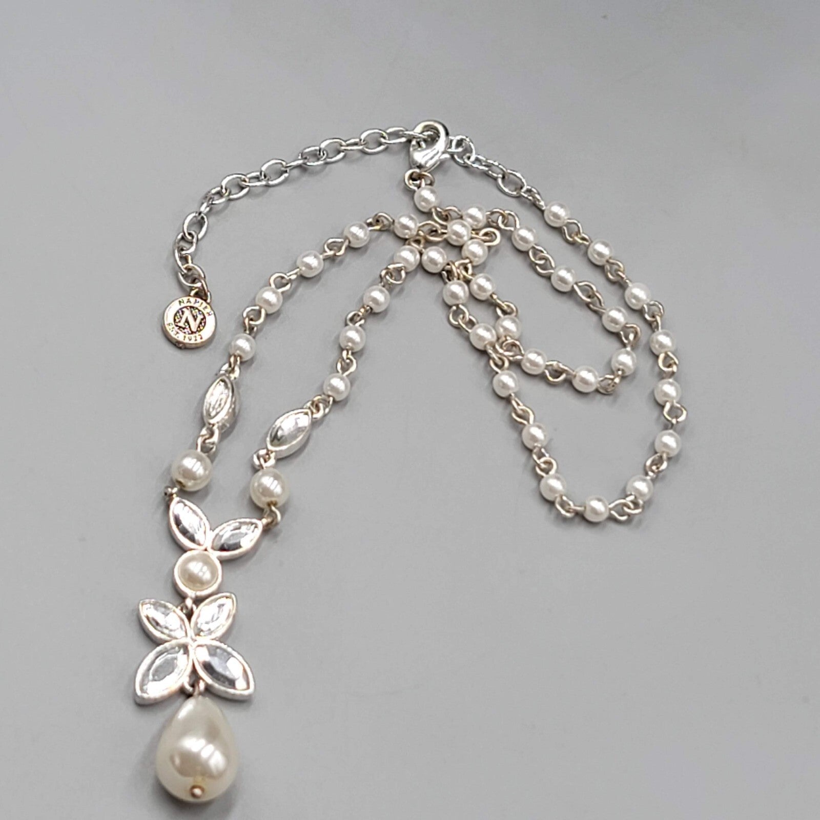 Napier Y Drop Necklace White Bead Silver tone 18"