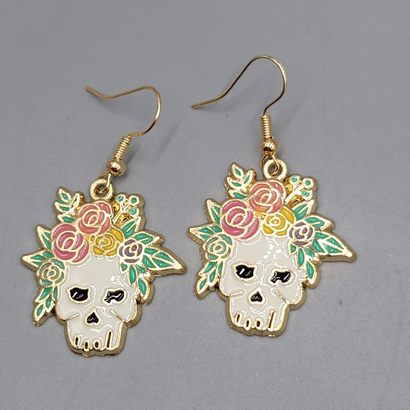Pierced Earrings Gold tone Enamel Red Rose Moth Dangle 1 1/8"