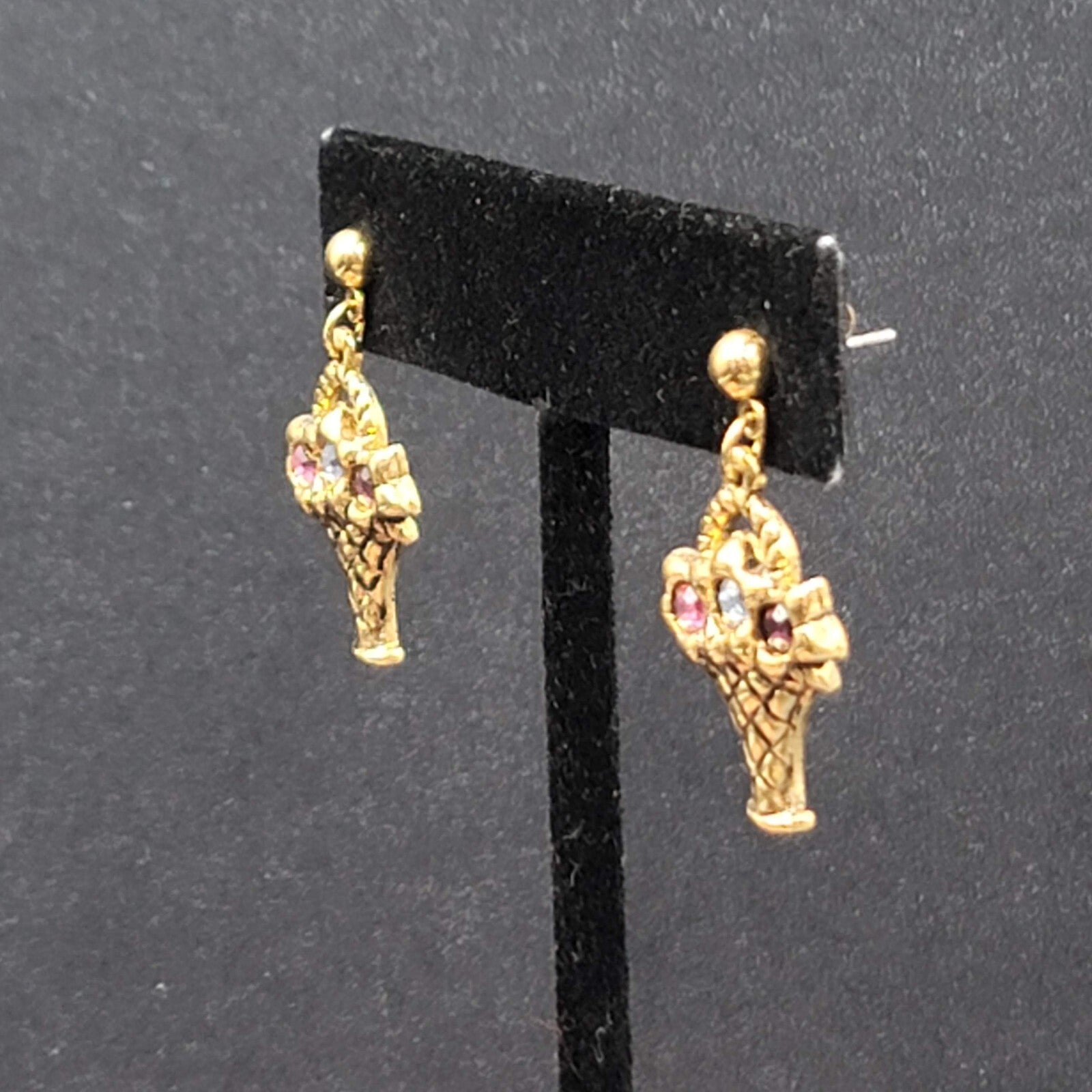 Vintage Pierced Earrings Gold tone Flower Basket Multicolor Rhinestone 7/8"