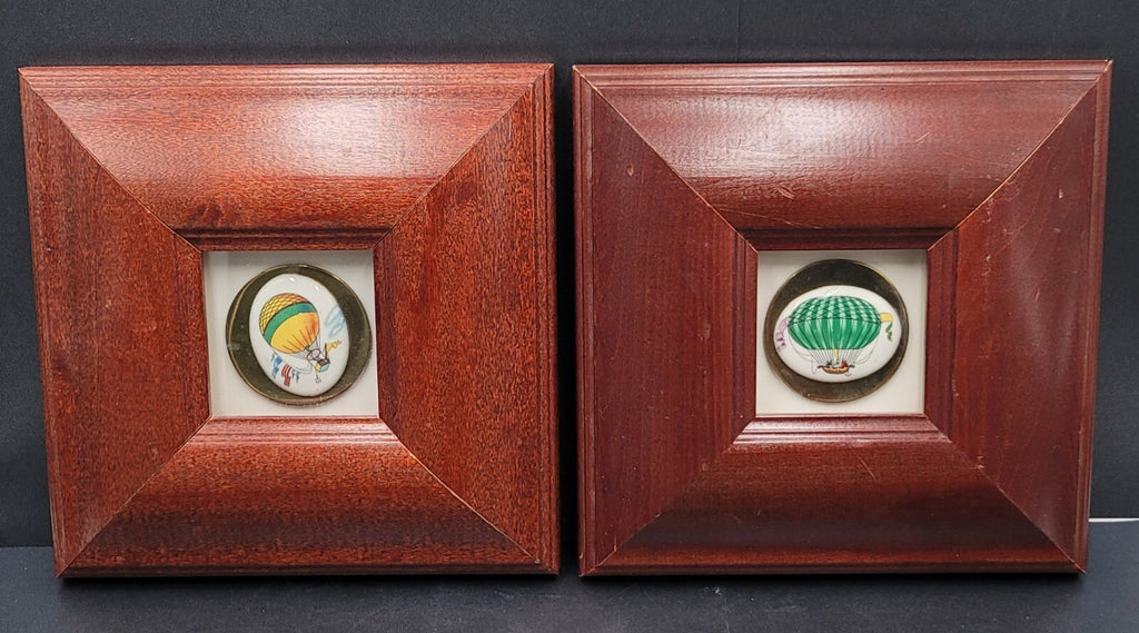 Framed Hot Air Balloons Painted Ceramic Set of 2 Unique