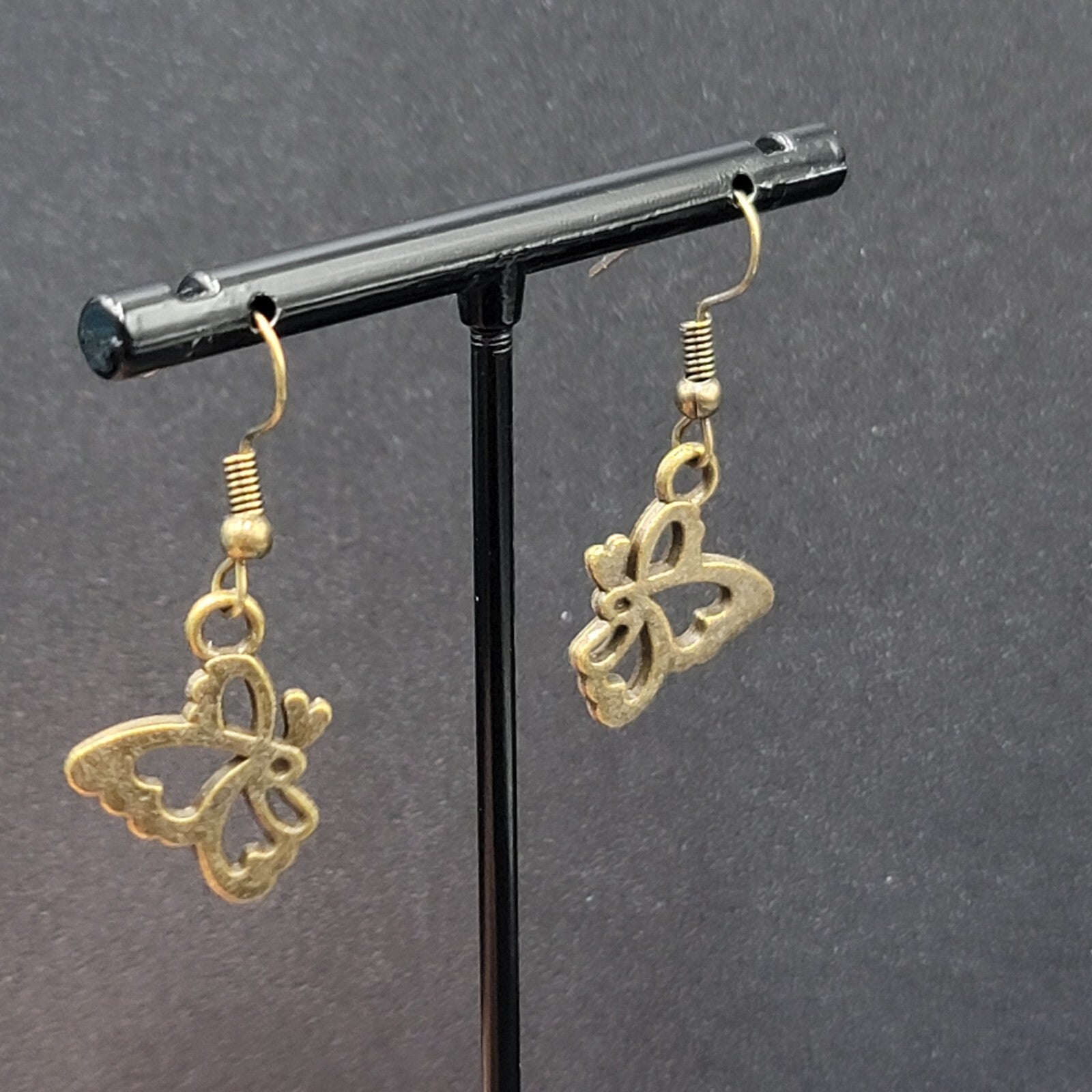 New Butterfly Pierced Earrings Bronze tone Side View Dangle 3/4"