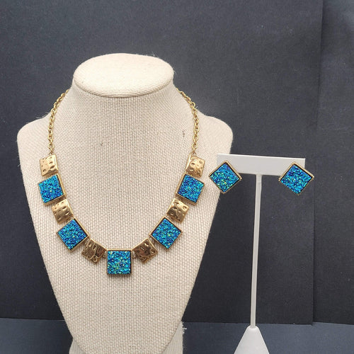 Blue Druzy Necklace Pierced Earrings Jewelry Set Glitter Gold tone 17"-20"
