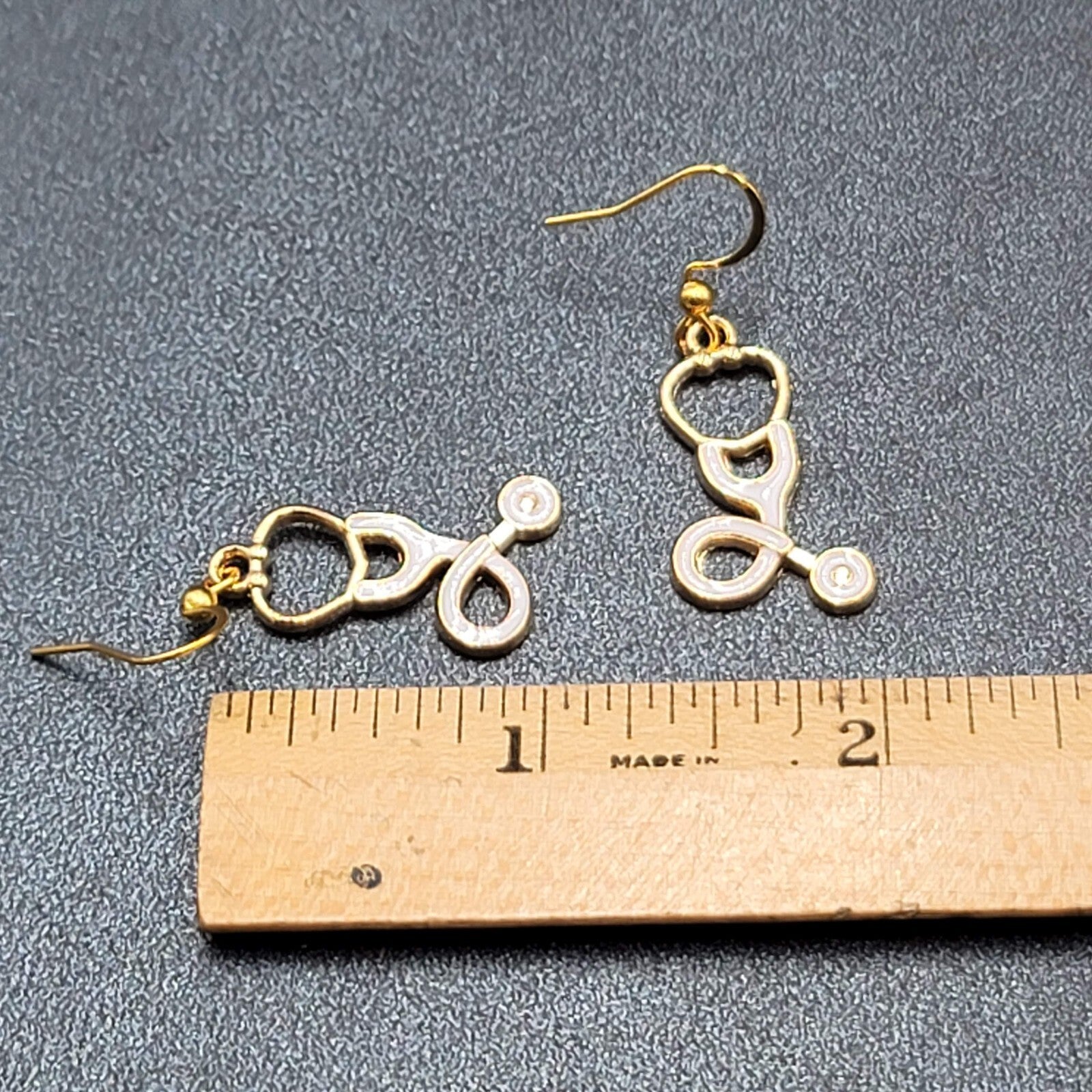 Nurse Pierced Earrings White Enamel Stethoscope Gold tone Dangle 1 1/8"