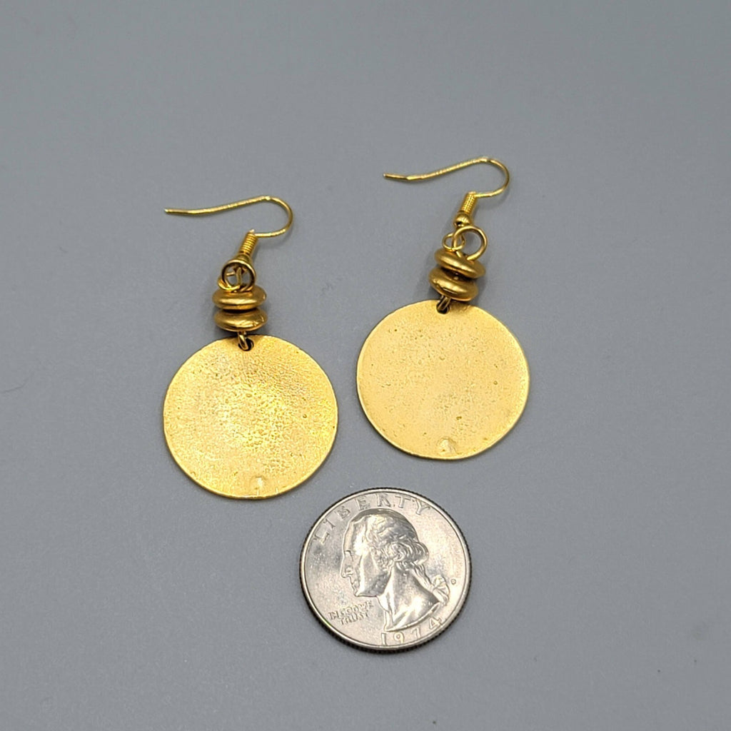 Round Pierced Earrings Yellow Gold Plated Dangle 1.5"