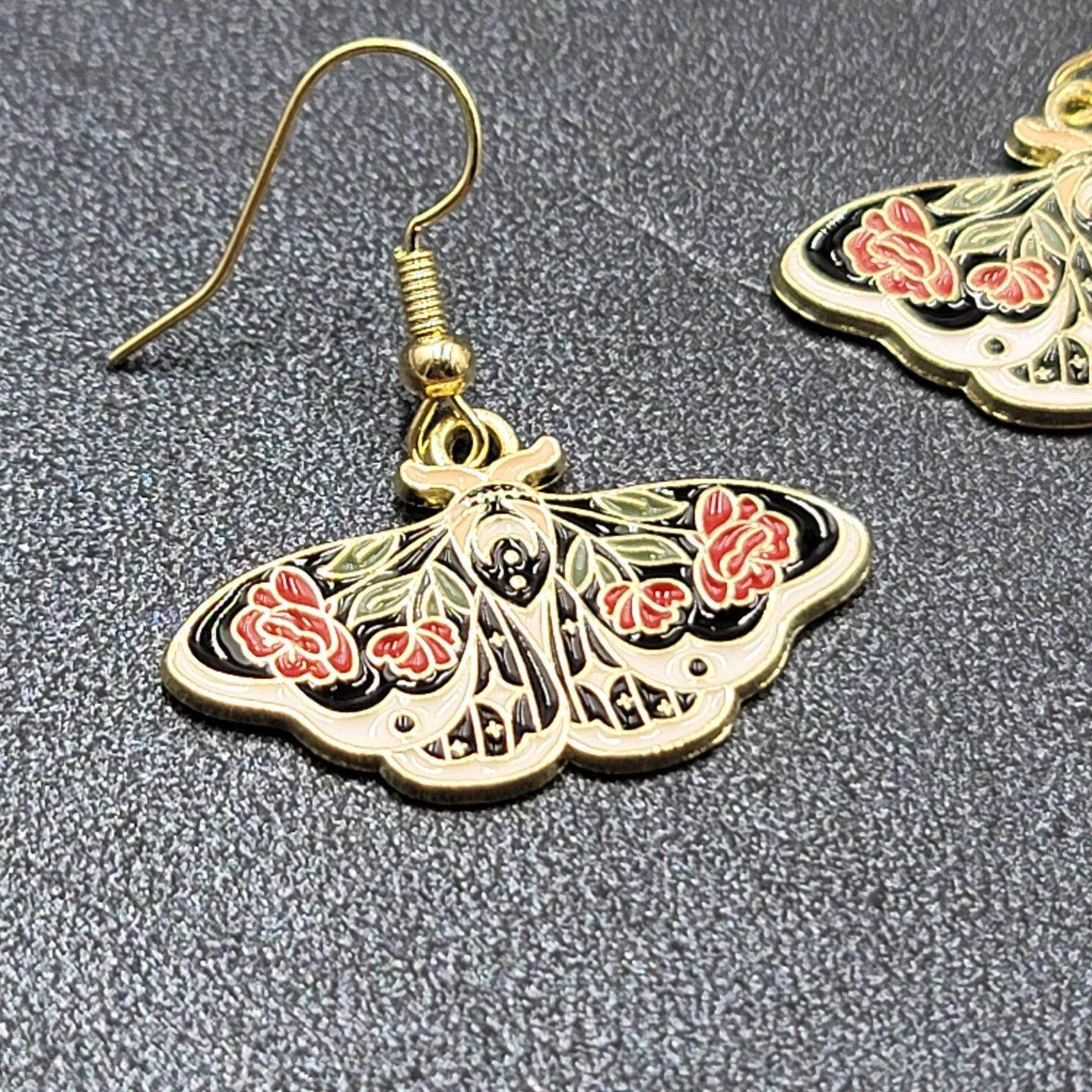Pierced Earrings Gold tone Enamel Red Rose Moth Dangle 3/4"