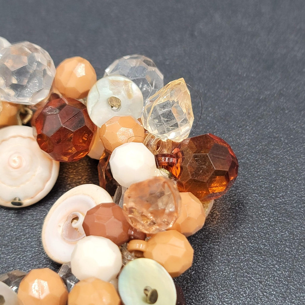 Cluster Bead Bracelet Faceted Acrylic and Shell Browns Creams Stretch Elastic