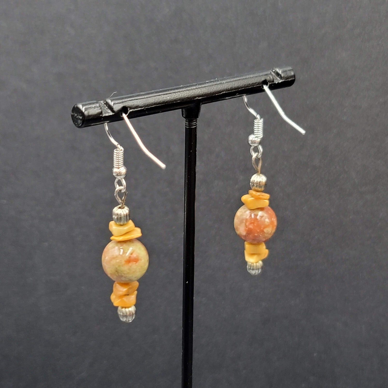 Pierced Earrings Silver tone Jasper Stone Beaded Dangle 1.25"