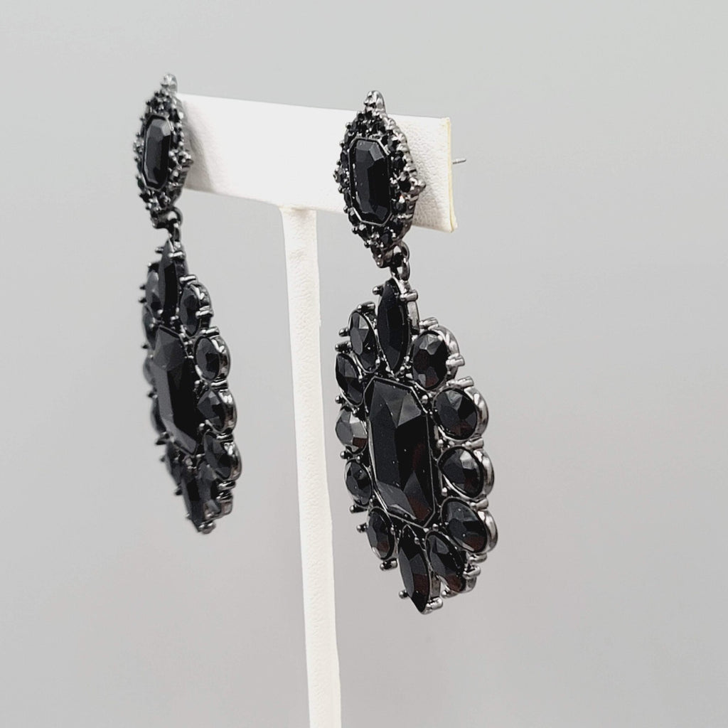 Pierced Earrings Black Metal Black Rhinestone Dangle 2.5"
