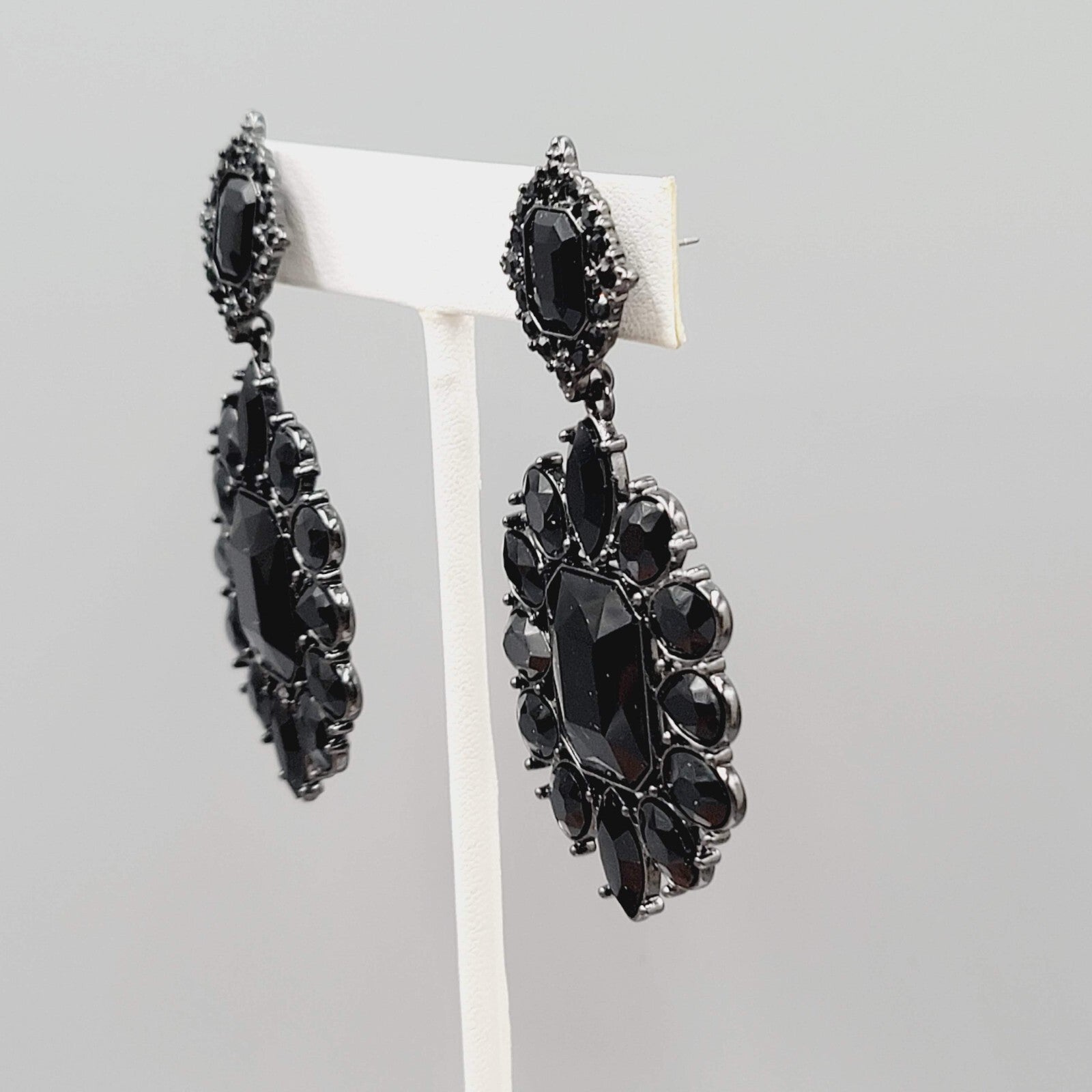Pierced Earrings Black Metal Black Rhinestone Dangle 2.5"