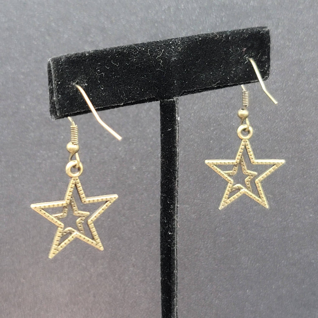 Pierced Earrings Bronze tone Double Open Star Dangle 7/8"