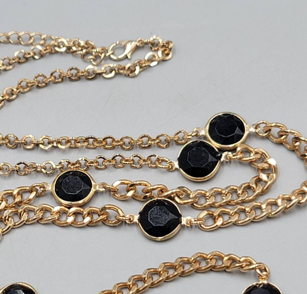 Black Glass Station Bead Necklace Gold tone Chain 36"