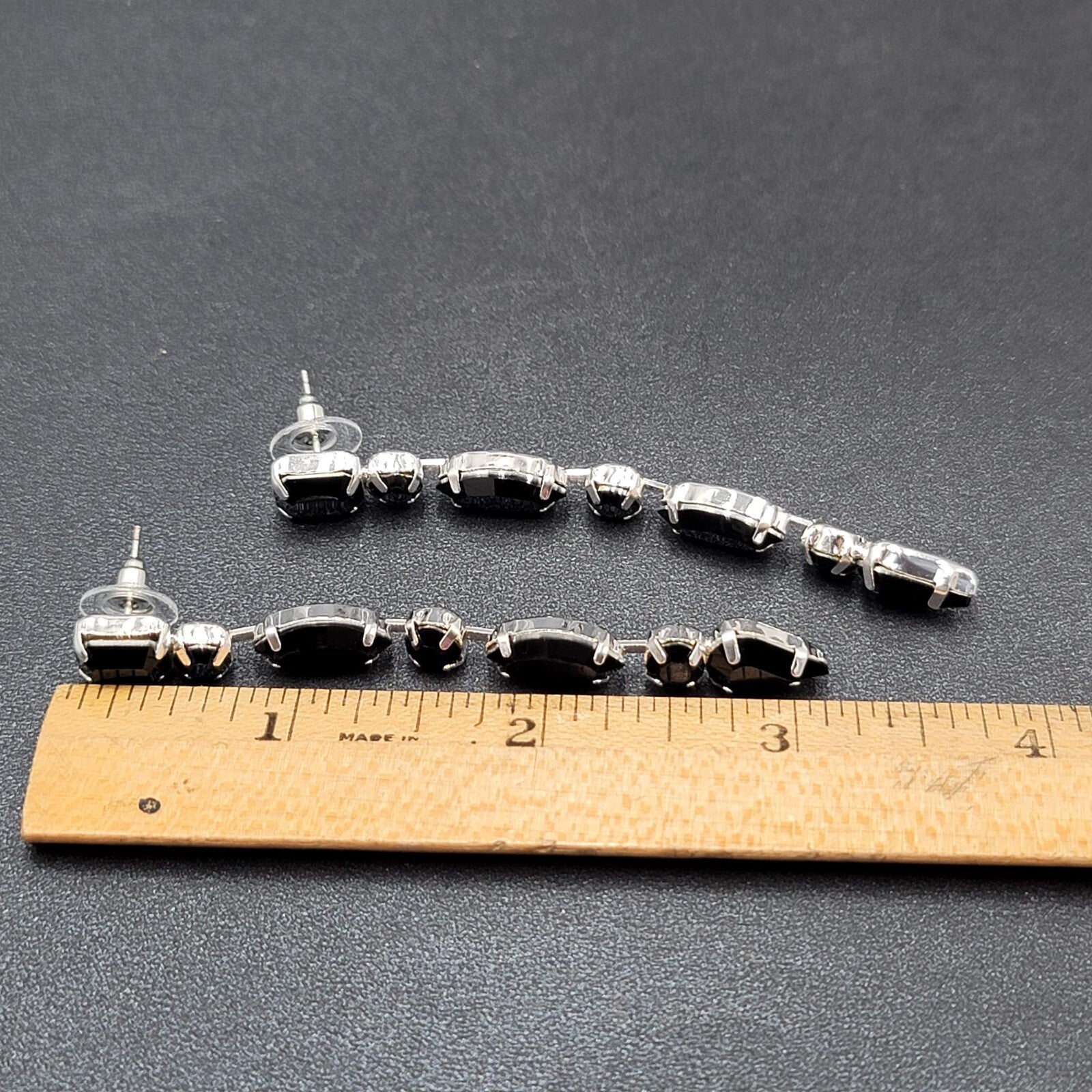 Pierced Earrings Silver tone Acrylic Black Prong Set Dangle 3"