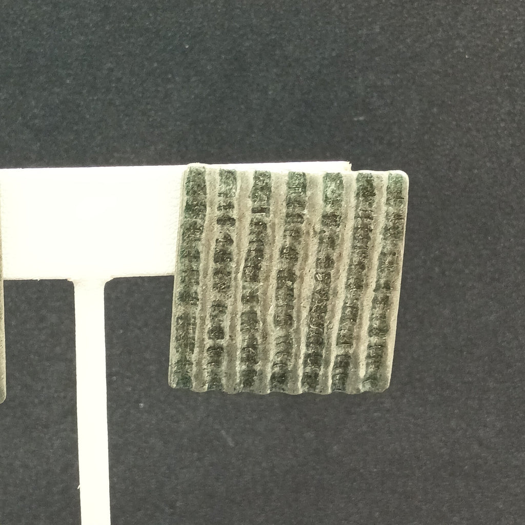 Pierced Earrings Silver tone Corrugated Metal Square Drop 1 1/8"