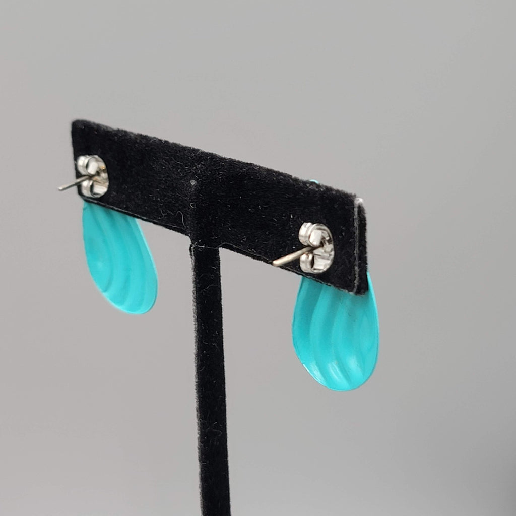 Vintage Teal Blue Enamel Pierced Earrings Wavy Tear Drop 1 1/8 in