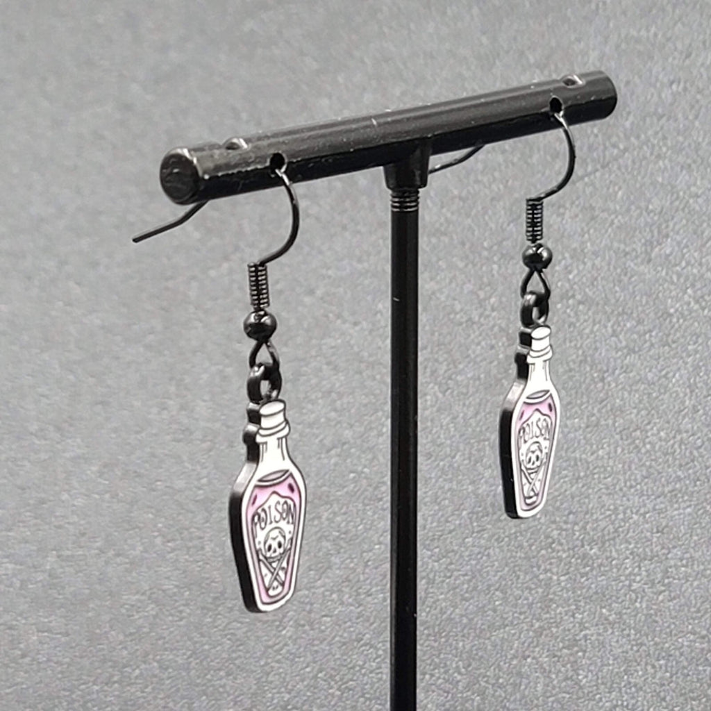 Poison Pierced Earrings Purple Black White Enamel Dangle 7/8" 