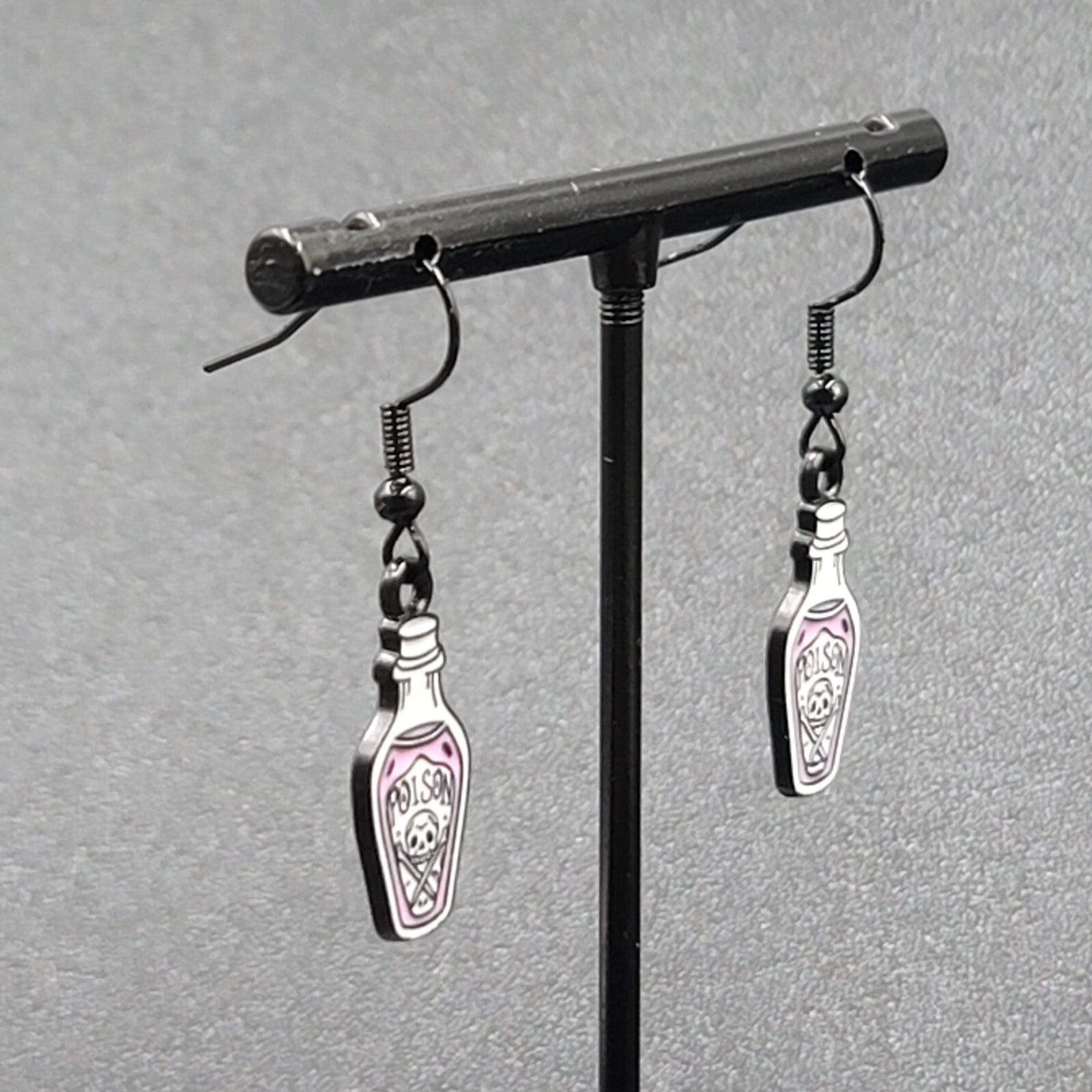 Poison Pierced Earrings Purple Black White Enamel Dangle 7/8" 