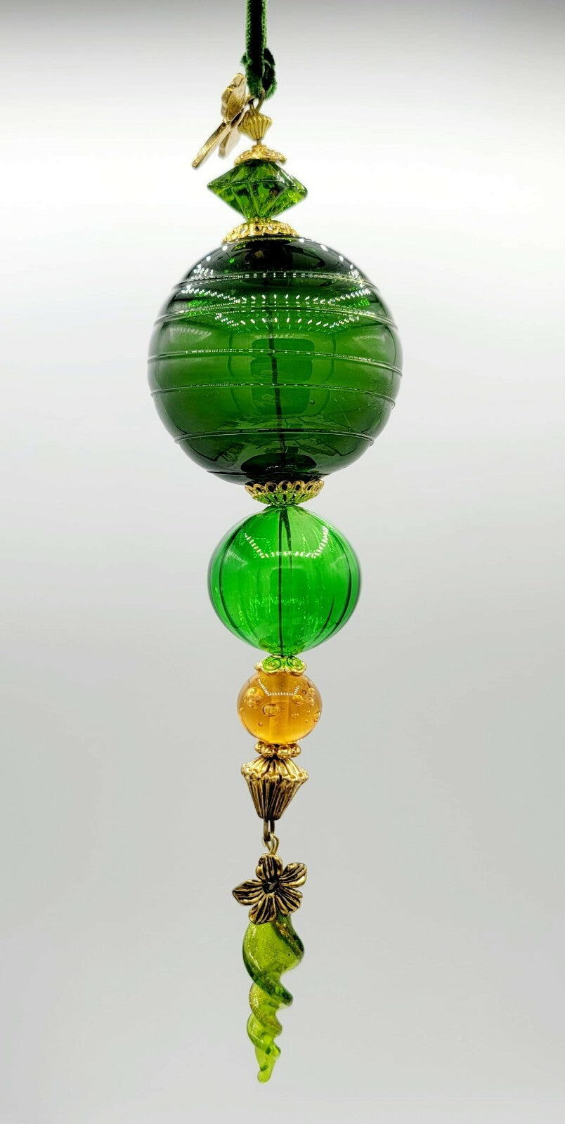 HAND BLOWN GLASS GREEN ORNAMENT 8" Gold Bead Accents Dragonfly