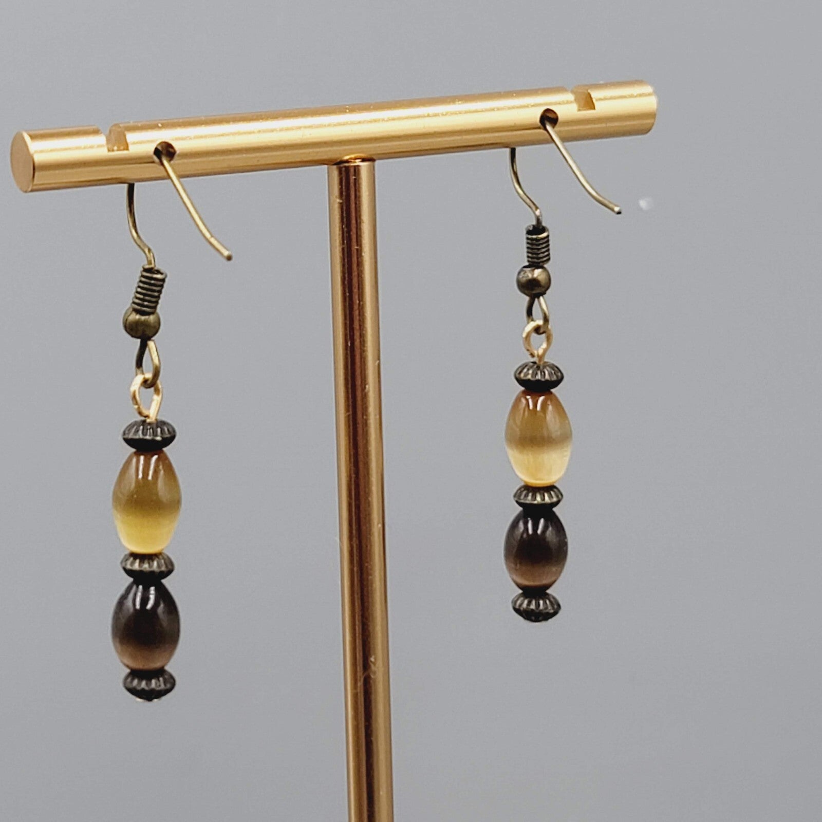 Cats Eye Brown Bead Pierced Earrings Bronze tone Dangle 1"