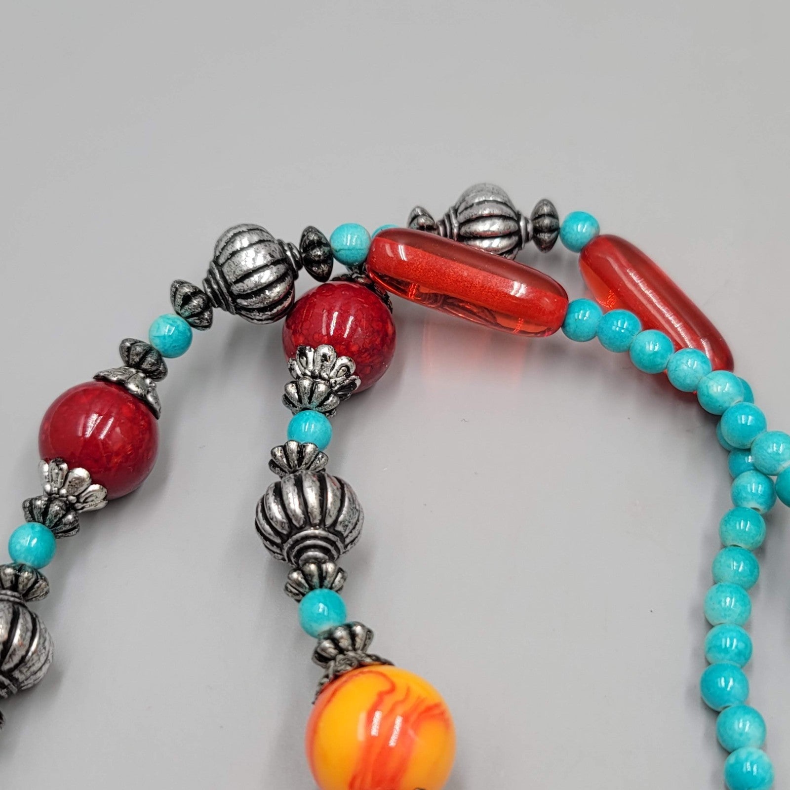 Statement Bead Necklace Red Yellow Blue Silver tone Unique Unusual 22"
