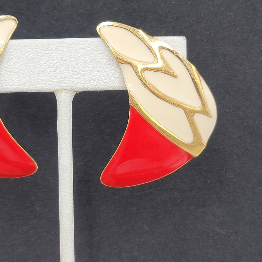 Vintage Pierced Earrings Large Red White Enamel Statement Gold tone 1.75"