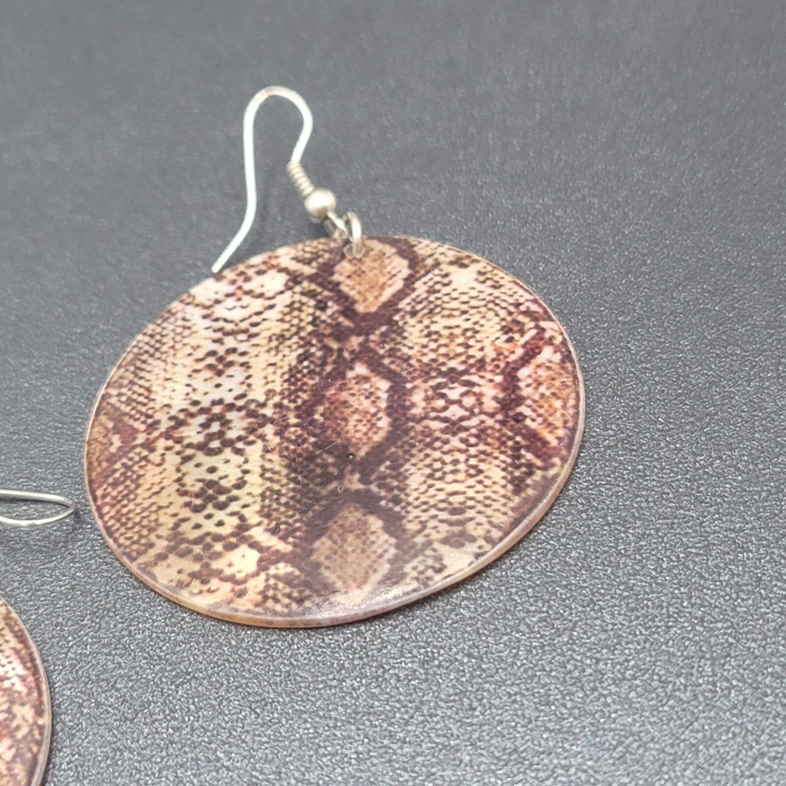 Pierced Earrings Snake Skin Print on Sea Shell 1.75"