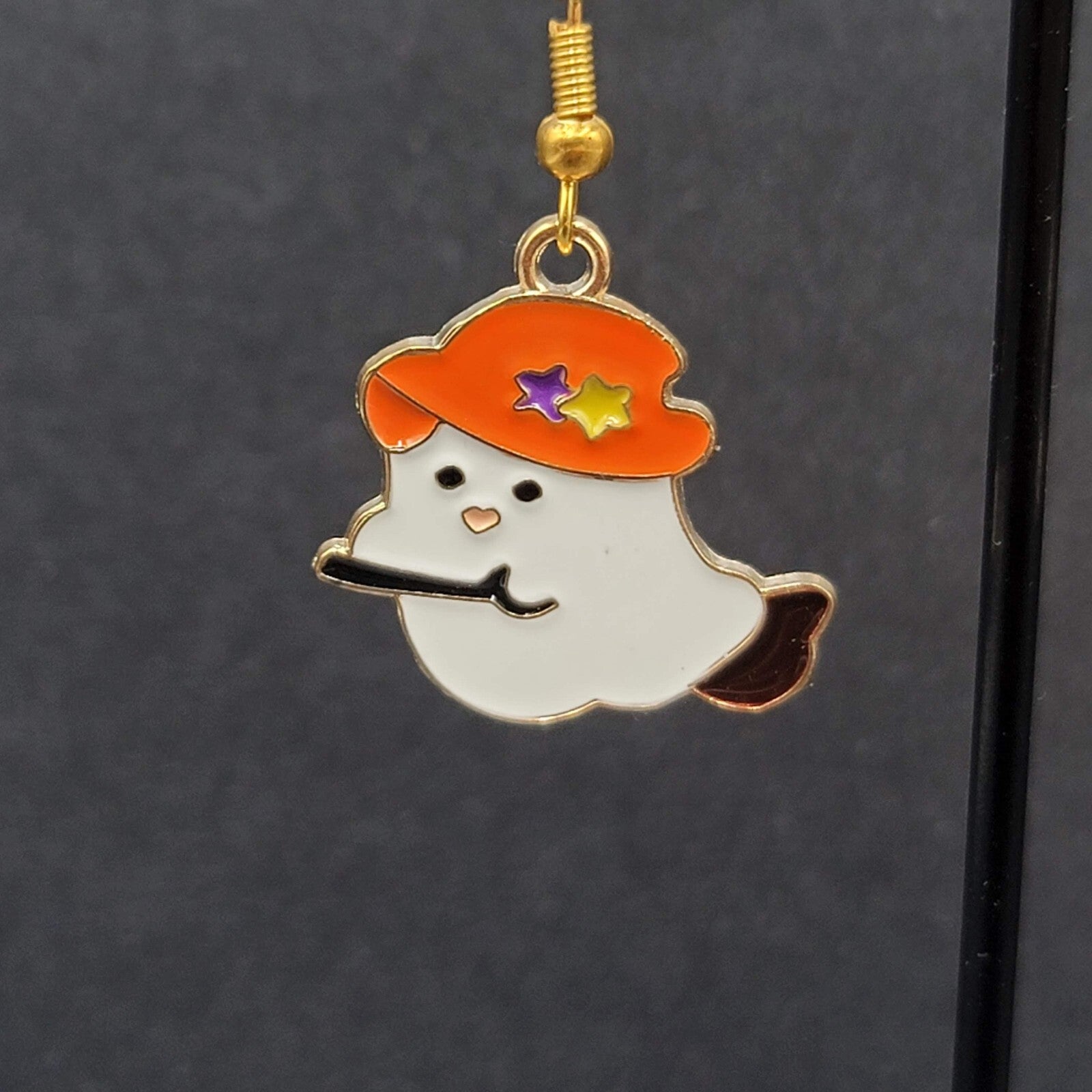 Halloween Witch Ghost Pierced Earrings Gold tone Enamel Dangle New 7/8"