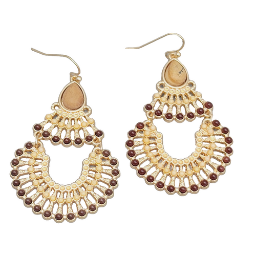 Boho Chandelier Pierced Earrings Gold toen Dangle Faux Stone 2"