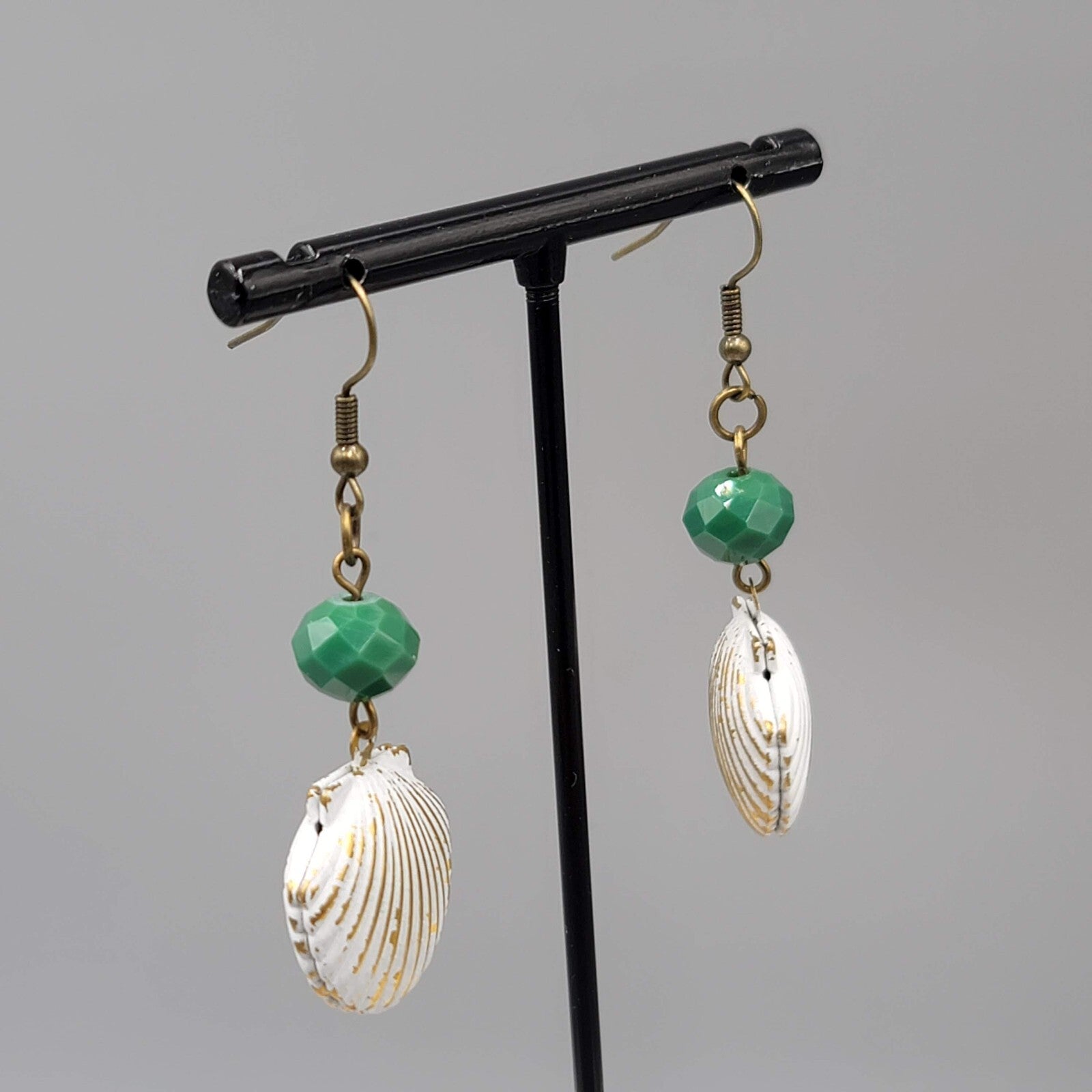 Pierced Earrings Bronze tone Green Bead Metal White Seashell Dangle 1 5/8"