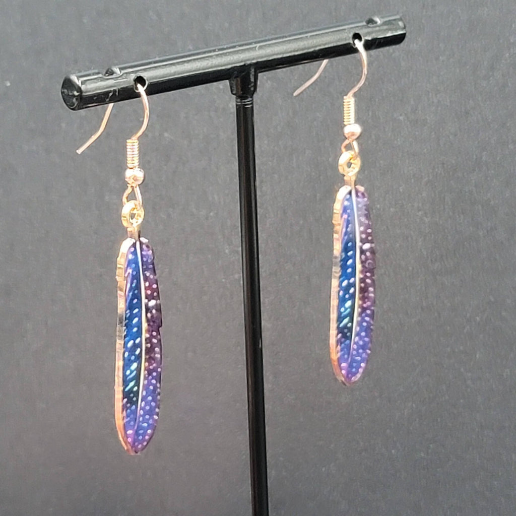 Metal Feather Pierced Earrings Blue Purple White Specks Gold tone Dangle 1.5"