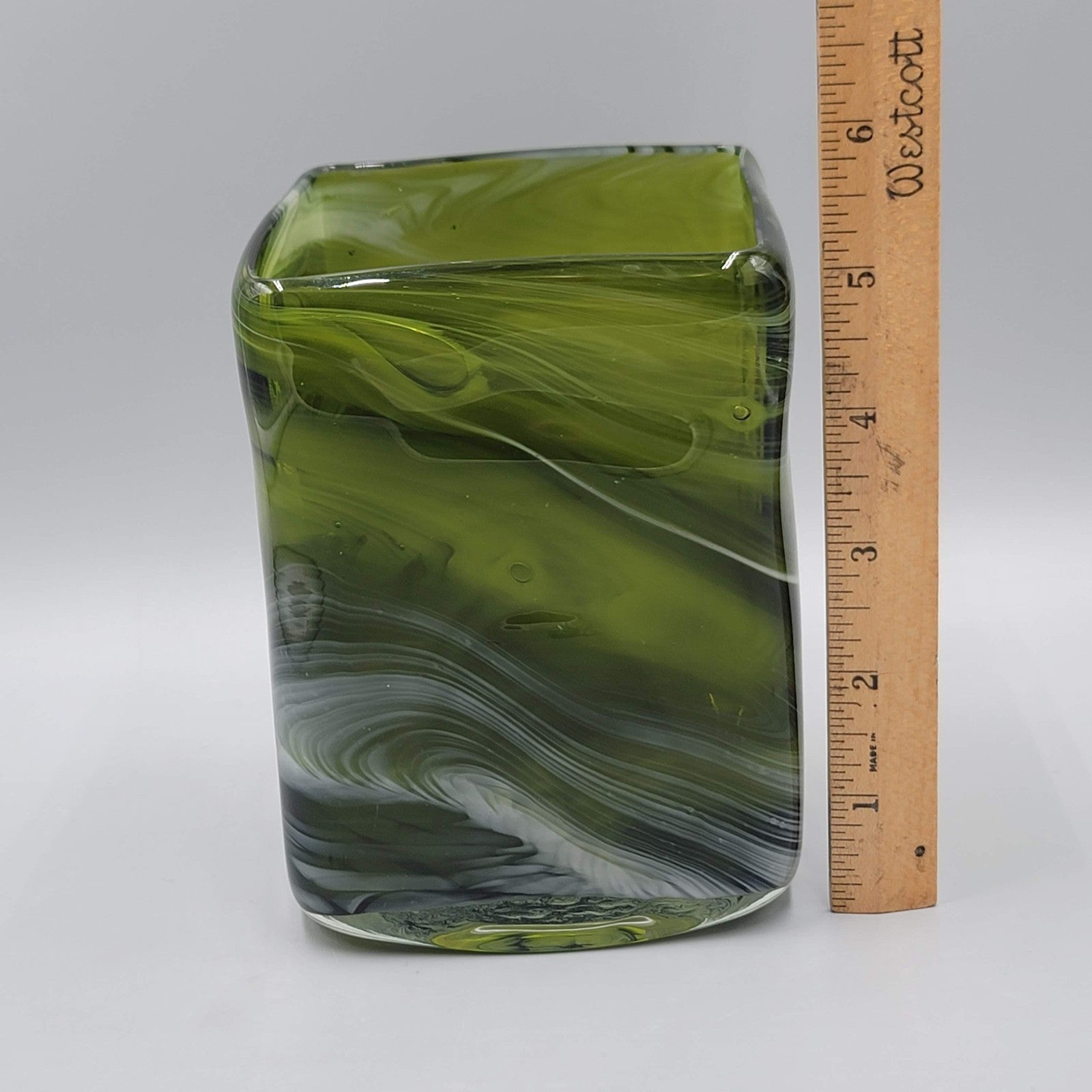 Green White Art Slag Glass Vase Rectangle Square 5 in x 4 in
