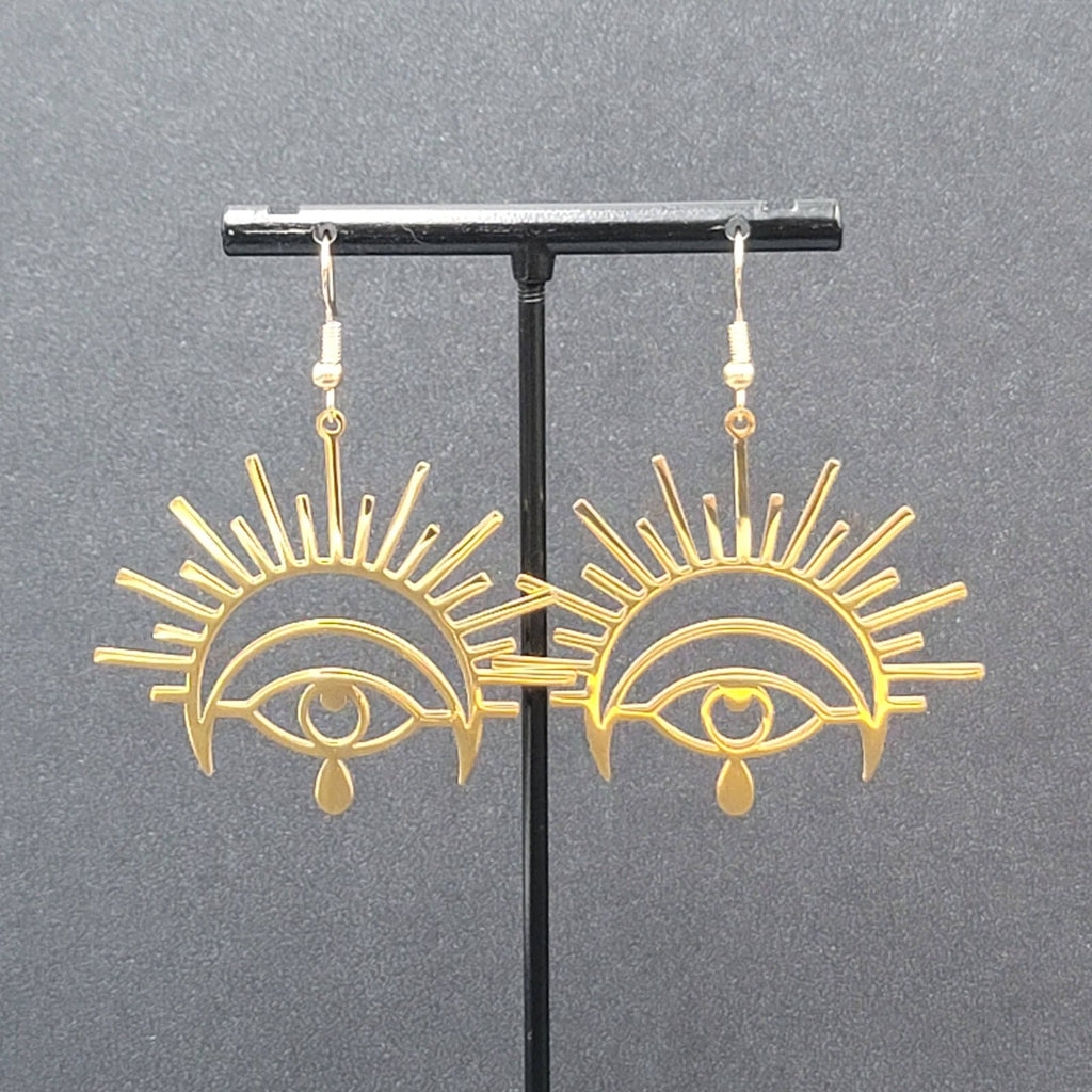 New Evil Eye Pierced Earrings Teardrop Gold Plated Statement Dangle 1 5/8"