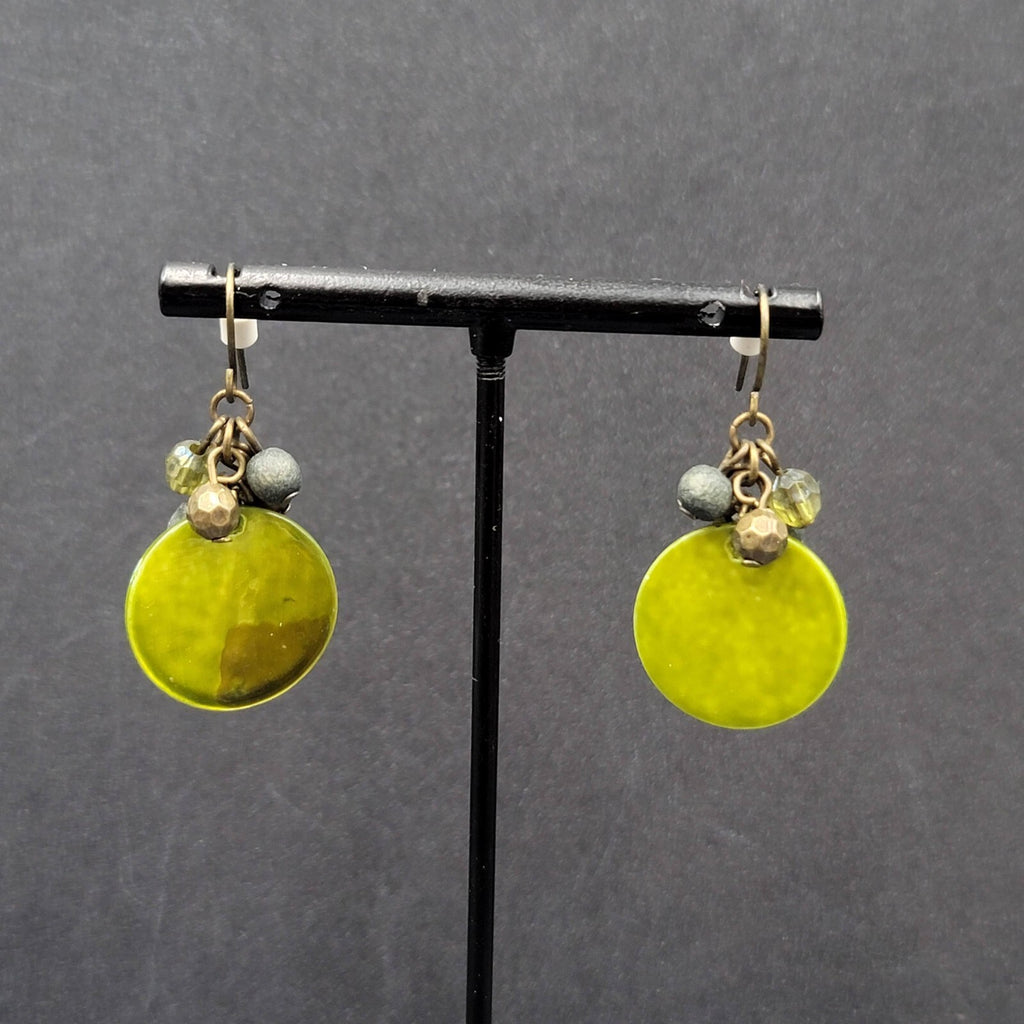 Pierced Earrings Green Shell and Beaded Dangle 1.25"