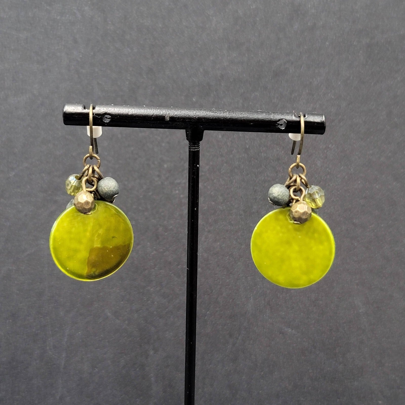 Pierced Earrings Green Shell and Beaded Dangle 1.25"