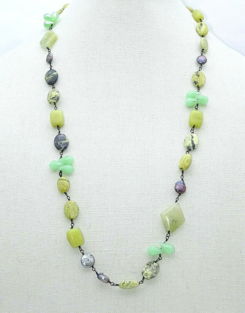 Jasper Aventurine Pearl Gemstone Bead Necklace 30" Adjustable