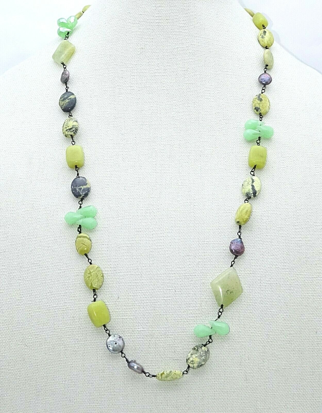 Jasper Aventurine Pearl Gemstone Bead Necklace 30" Adjustable
