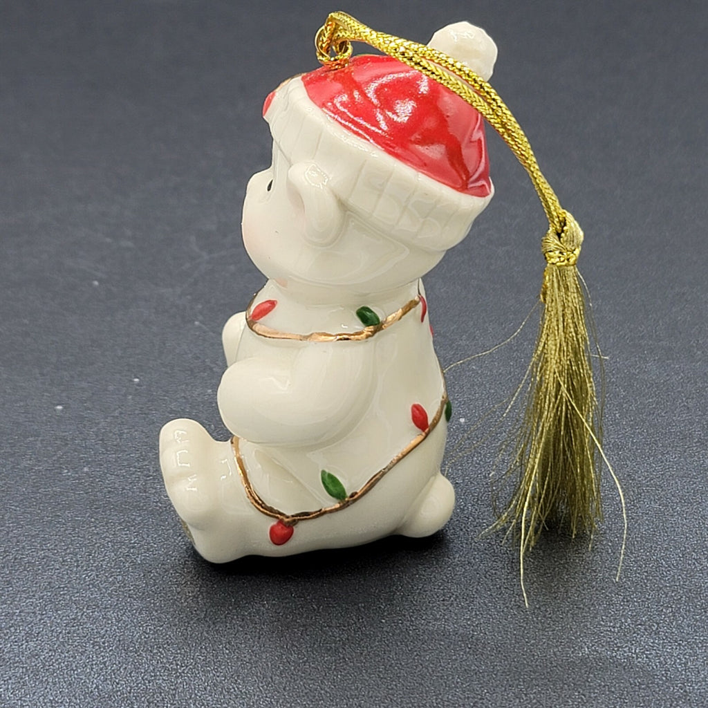 Lenox Porcelain Santa Teddy Bear Ornament Tangled Christmas Lights 3.5" Hanging