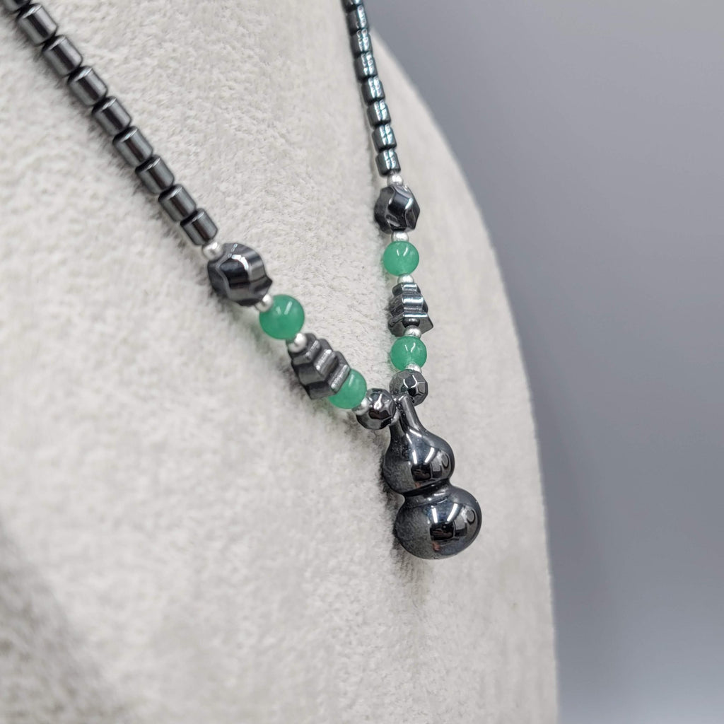 Hematite Bead Necklace Green Jade Lantern Pendant 18"