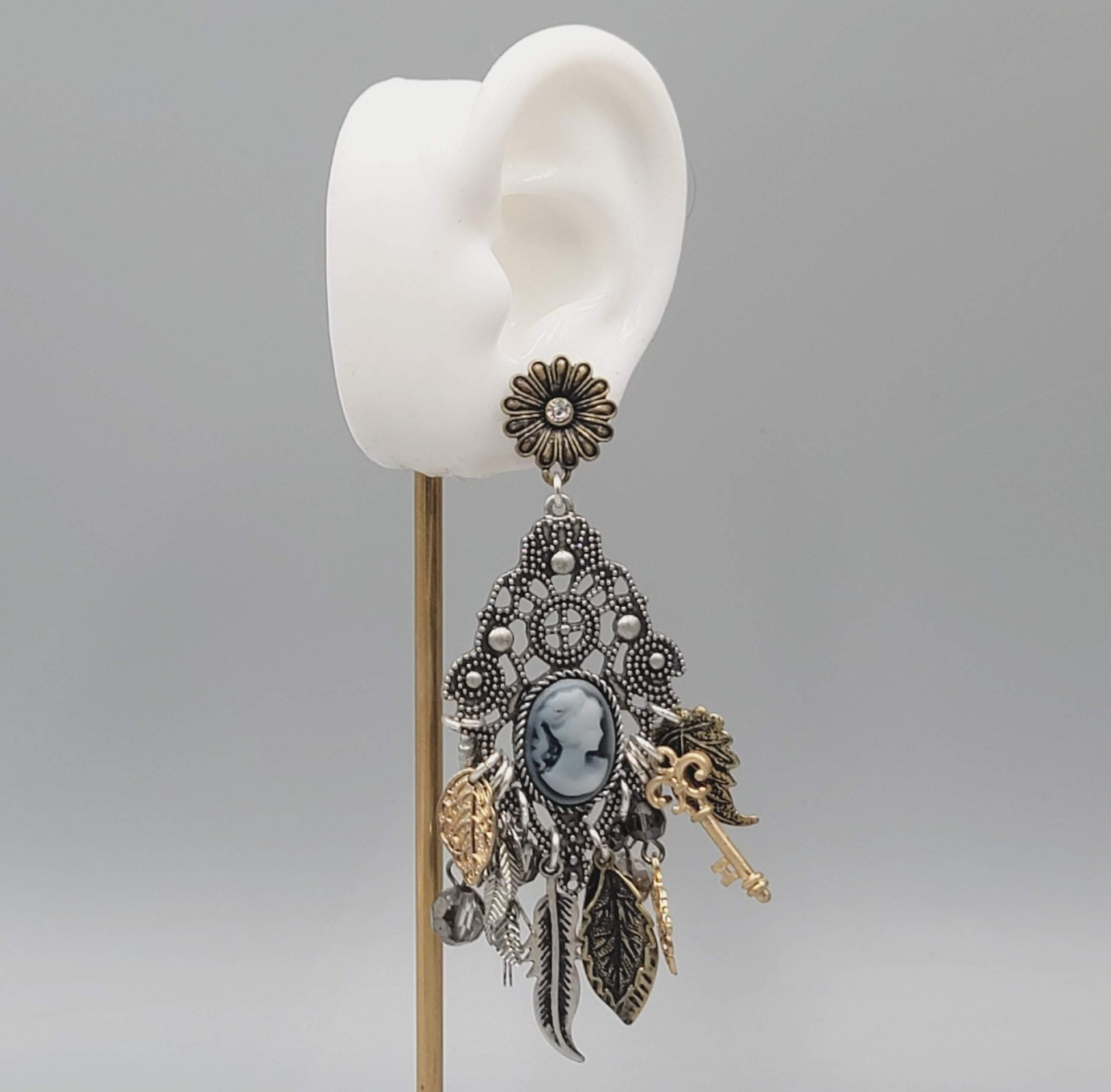 Statement Cameo Charm Pierced Earrings Tri-tone Dangle 3.75"
