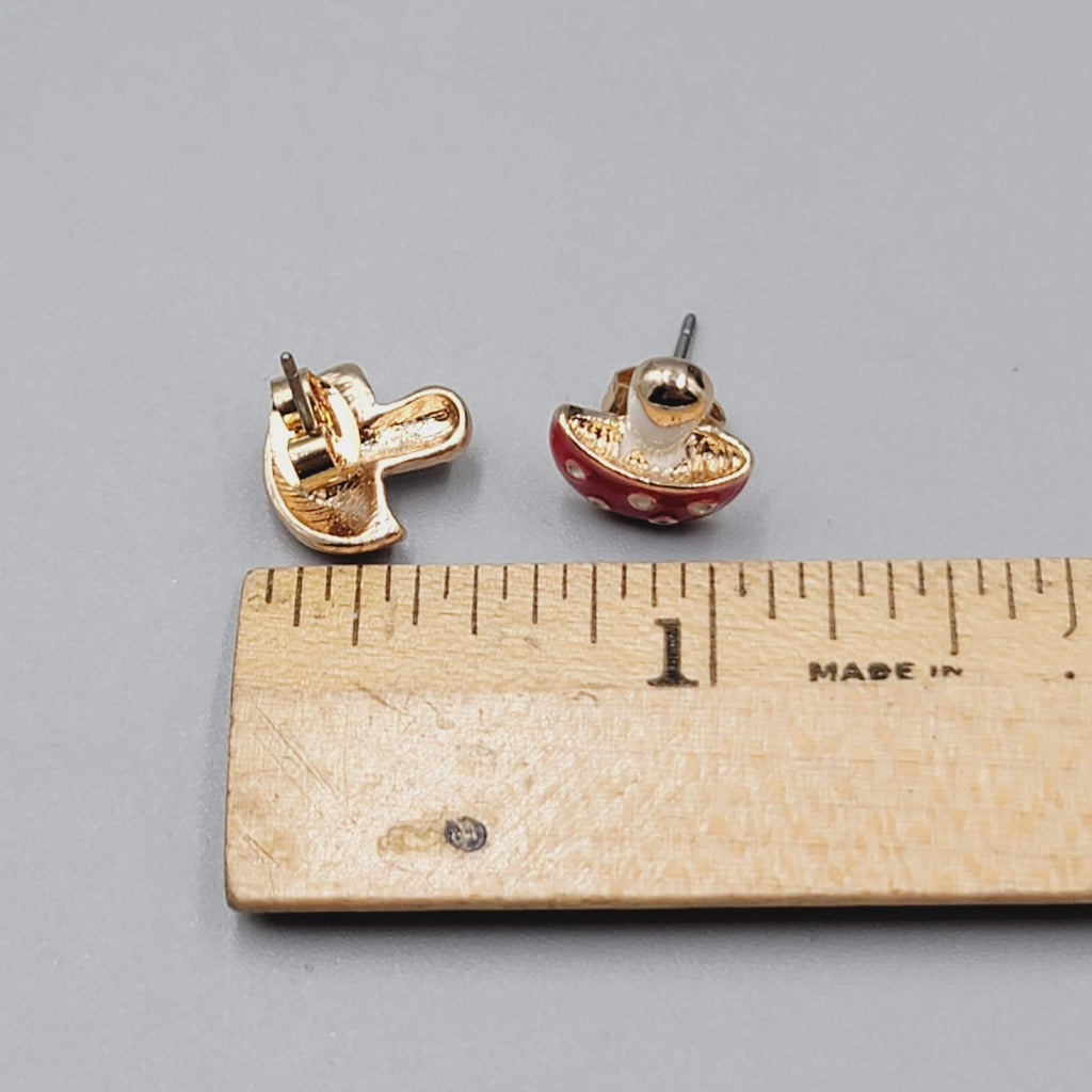 Mushroom Stud Pierced Earrings Enamel Red White Dots Gold tone 1/2"