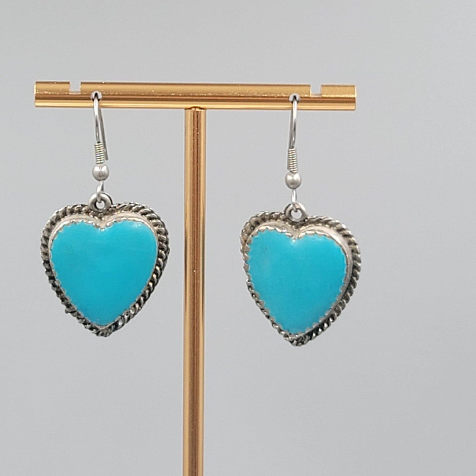 Vintage Heart Pierced Earrings Blue Enamel Southwest Statement Dangle  1 1/8"