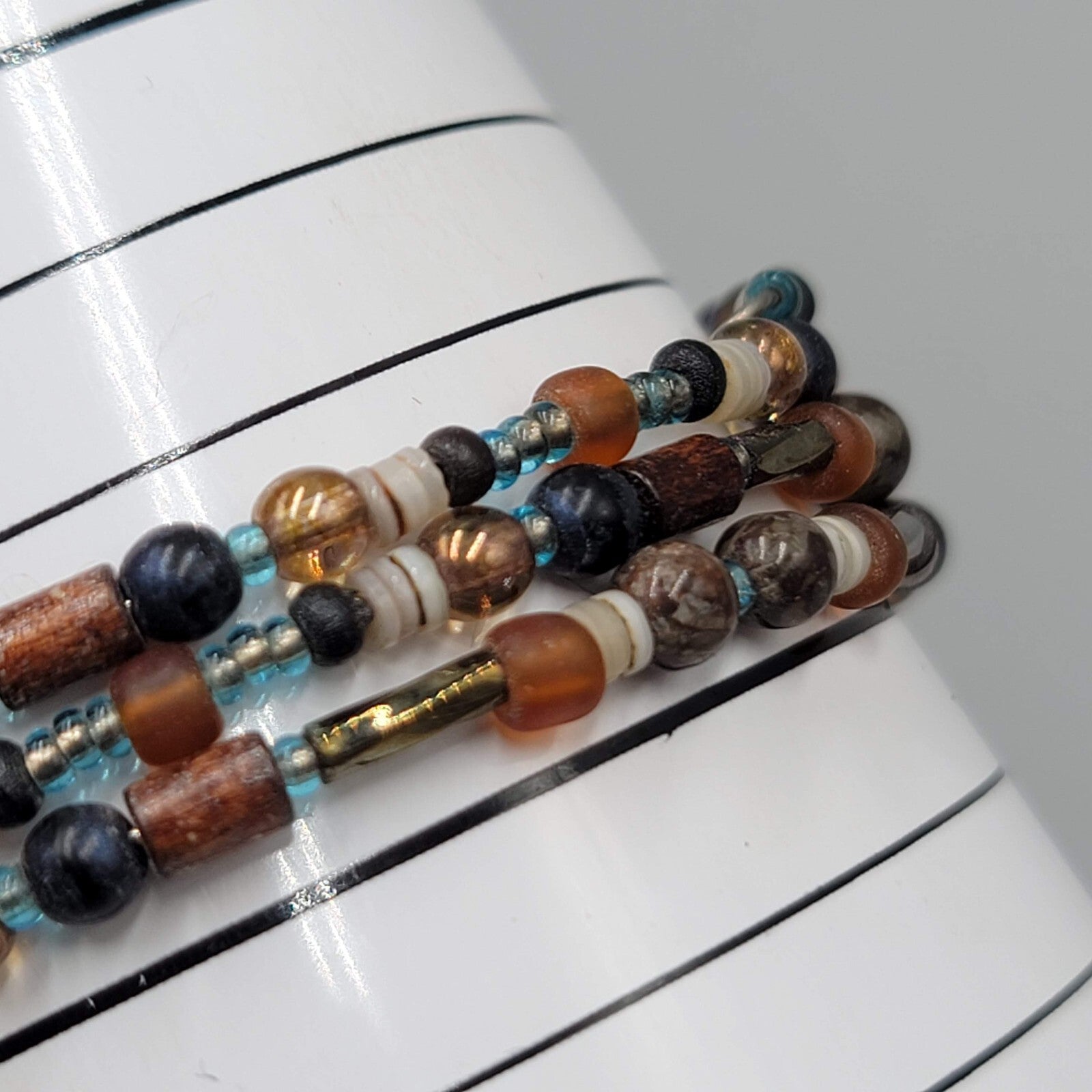 Glass Bead Shell Bracelet Brown Black Memory Wire